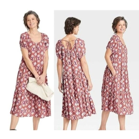 Knox Rose Womens 1X Puff Short Sleeve Tiered A-Line Dress Boho Rust & White - Picture 1 of 11